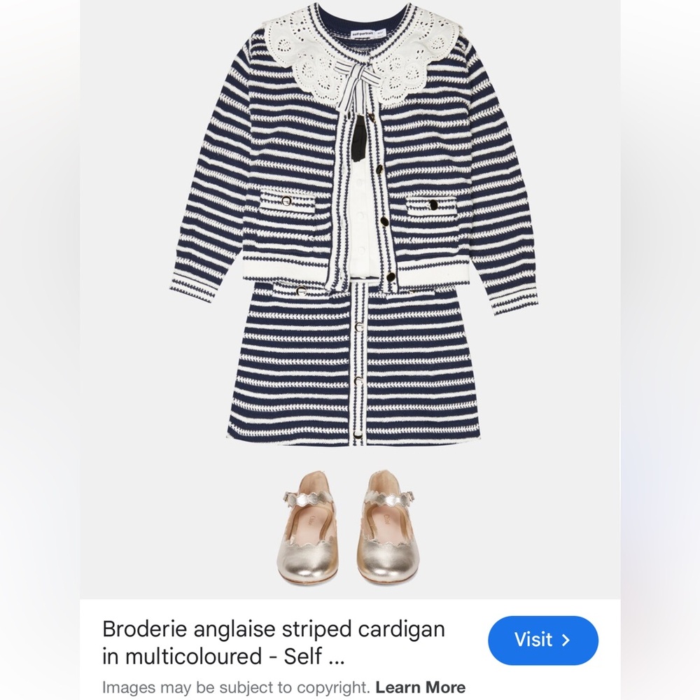 Self-Portrait Navy and White Striped Kids Matching Set with Broderie Collar